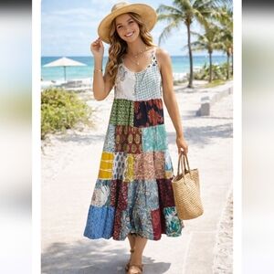 Jessica Taylor Patchwork Boho Sun Dress One Size Multicolor Smocked Floral